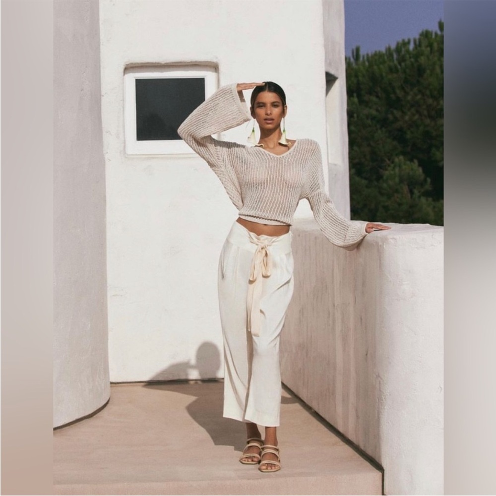 CULT GAIA | CATHERINE SWEATER BEIGE HOODED LOOSE KNIT CROPPED TIE BACK SMALL